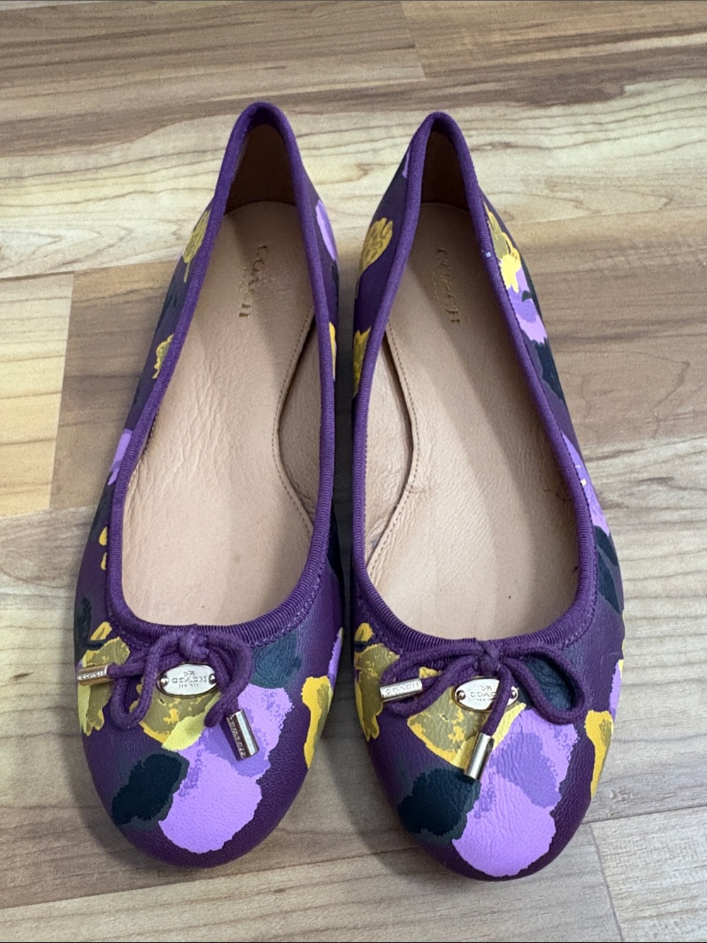 Coach Lara Floral Tumbled Leather Ballet Flats Plum Size 7